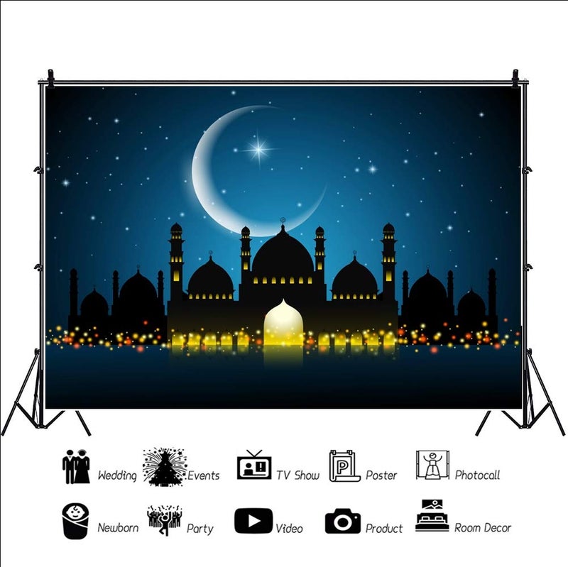 DORCEV 7x5ft Night Mosque Silhouette Photography Backdrop Ramadan Islam Islamic Pray Arab Eid Traditional Minaret Moon Night Adult Artistic Photo Studio Props - Image 2
